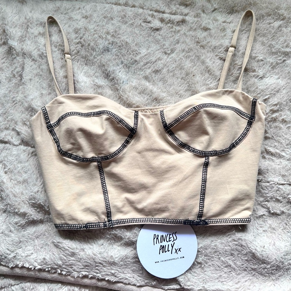 Princess Polly Beige Bustier Crop Top – Black Contrast Stitch ✨🤍🖤